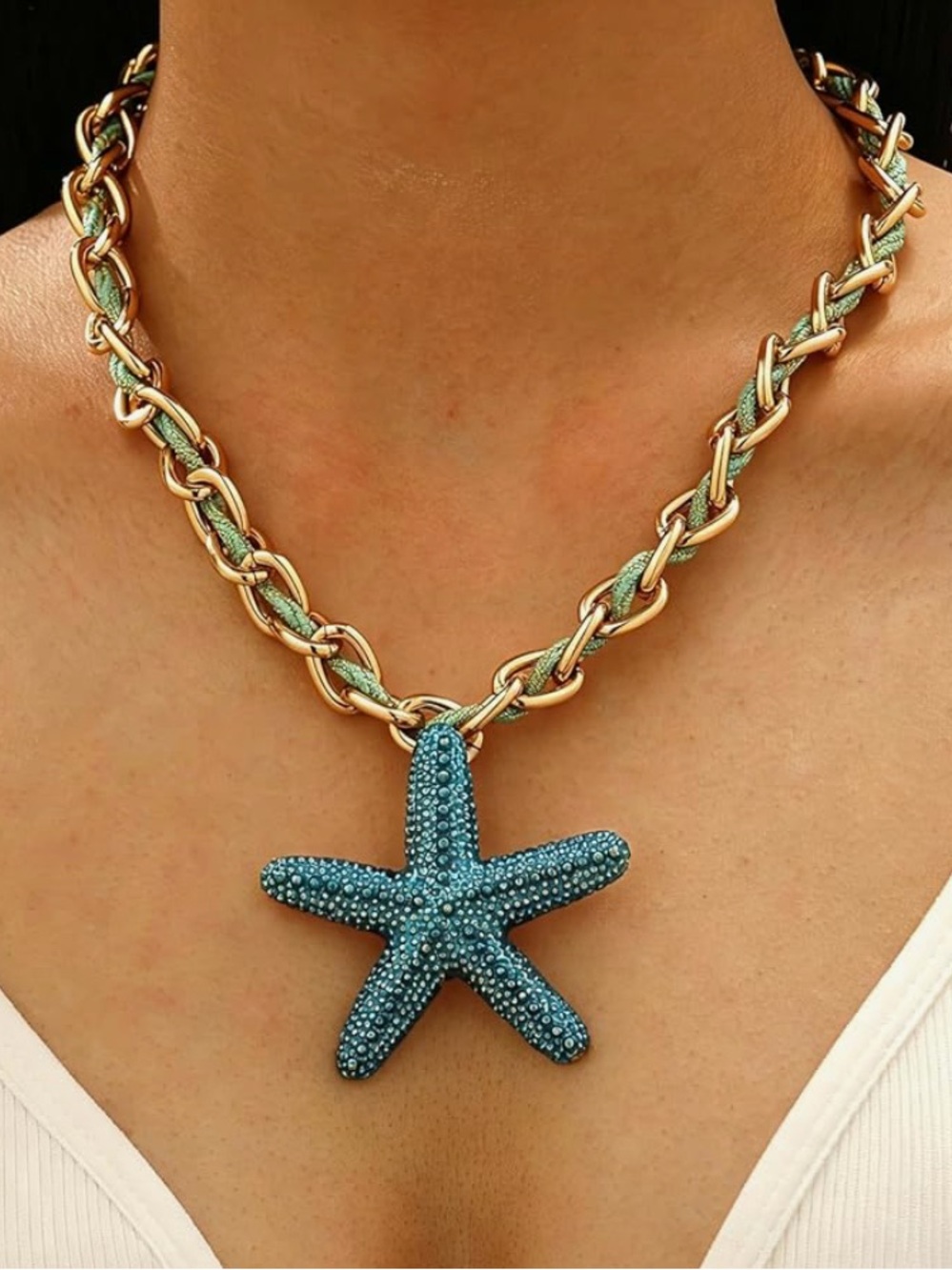Gold Chain Necklace with Blue Starfish Pendant